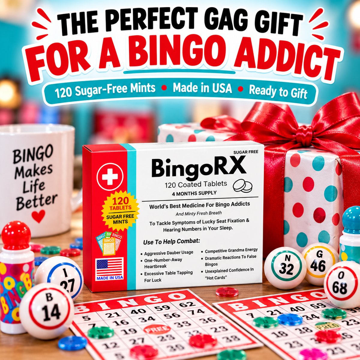 Funny Bingo Gag Gift, BingoRX 120 Sugar-Free Mints, Made in USA